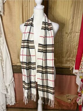 Classic Plaid Fringe Cashmere Scarf in White, Beige, Black & Red
